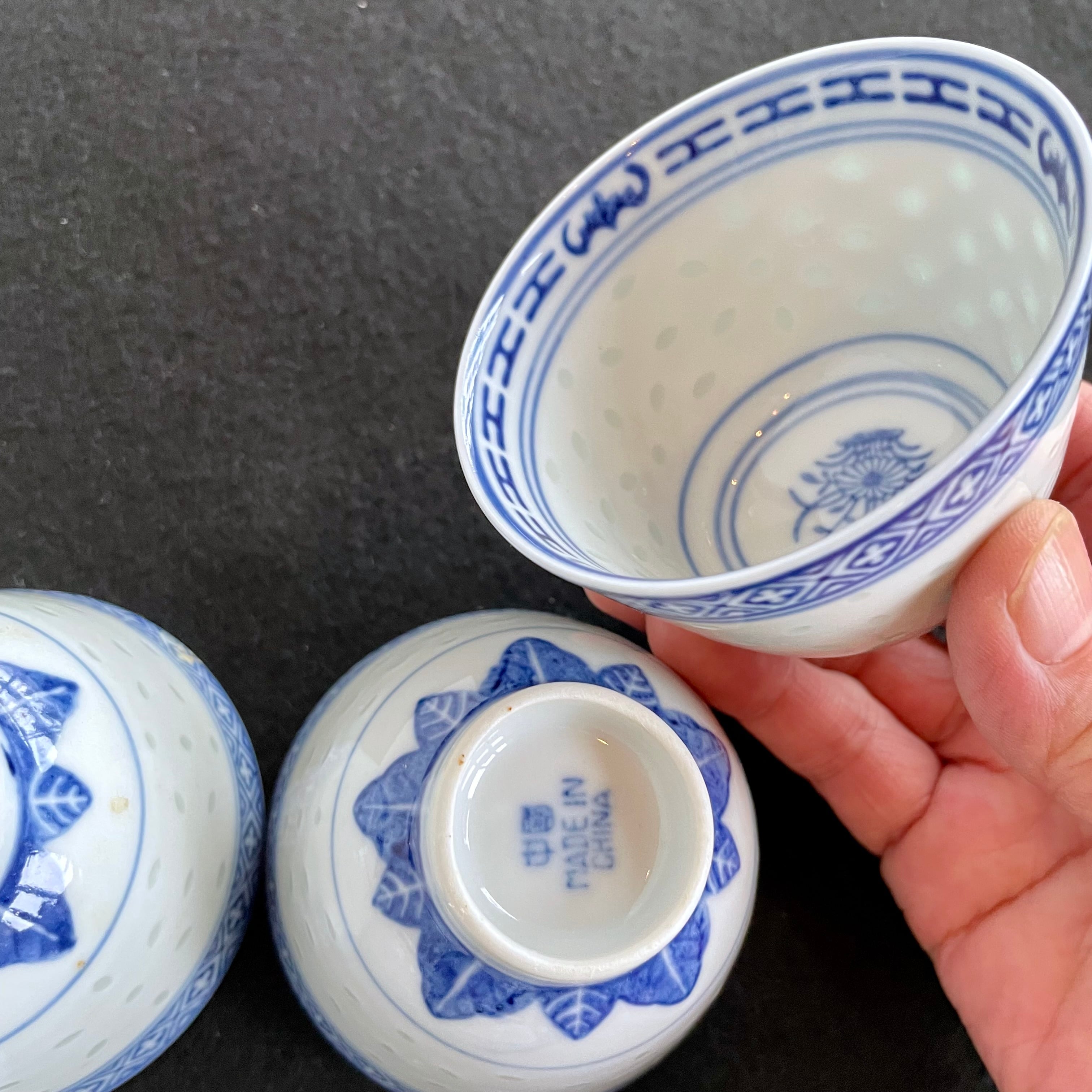 China Vintage 景徳鎮 中国 茶器 青花 玲瓏 湯呑 5客揃 ホタル 蛍焼