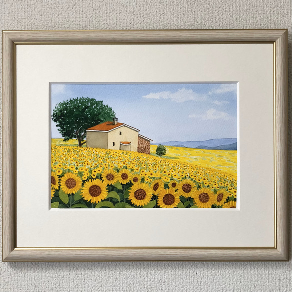 ひまわり畑」透明水彩画 原画 風景画 額縁付 SMサイズ 絵画 Oni 通販
