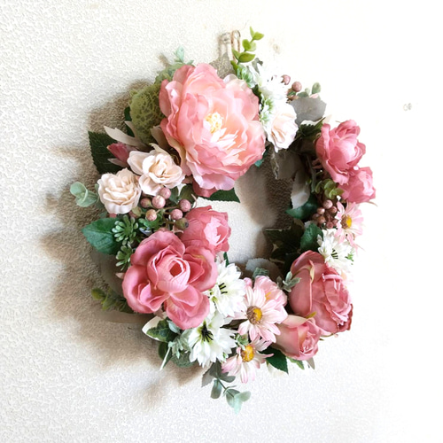くすみピンクの薔薇とお花たち☆造花リース☆玄関リース☆アーティ