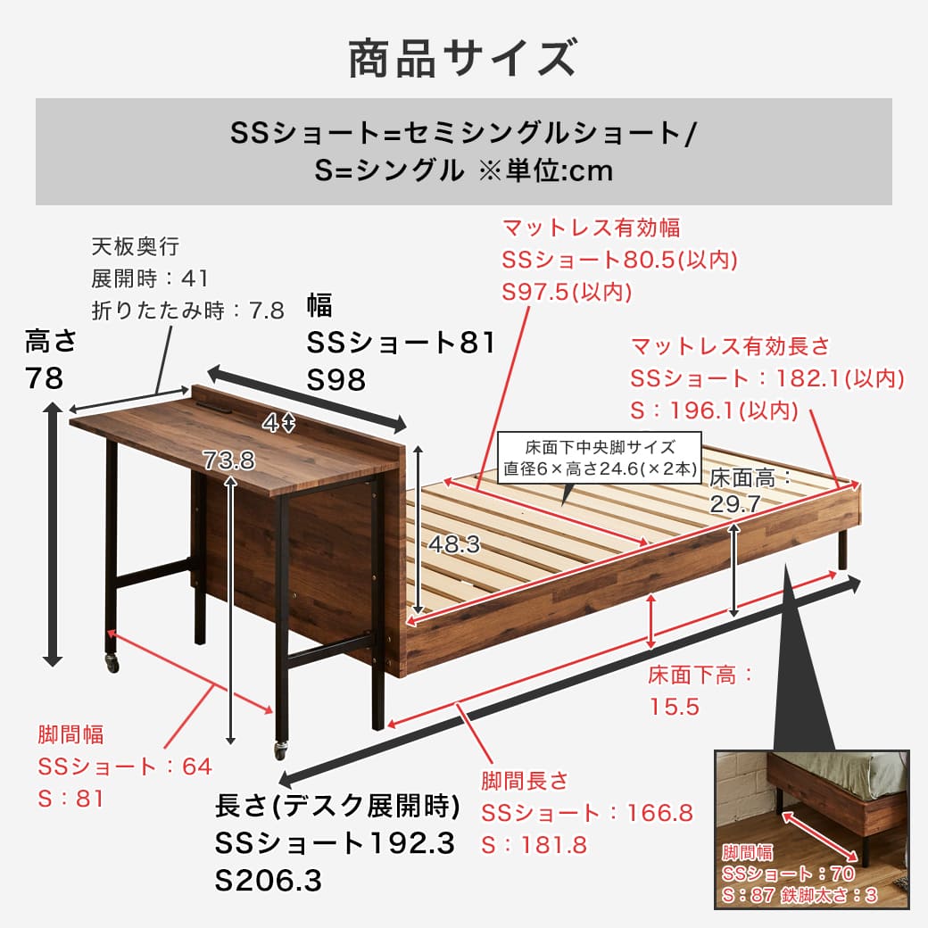 デスク付きベッド すのこベッド 棚付きベッド コンセント付き USB-A&C