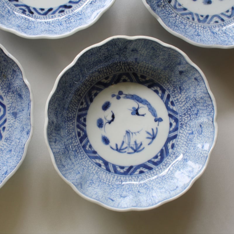 古伊万里 染付微塵唐草文向付 十客揃い 成化年製 納箱付 蕎麦猪口 古器
