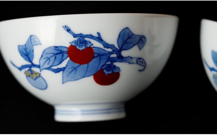 柿右衛門窯作 組飯碗 蓋なし丸 染錦柿文 A250-32 - 佐賀県有田町