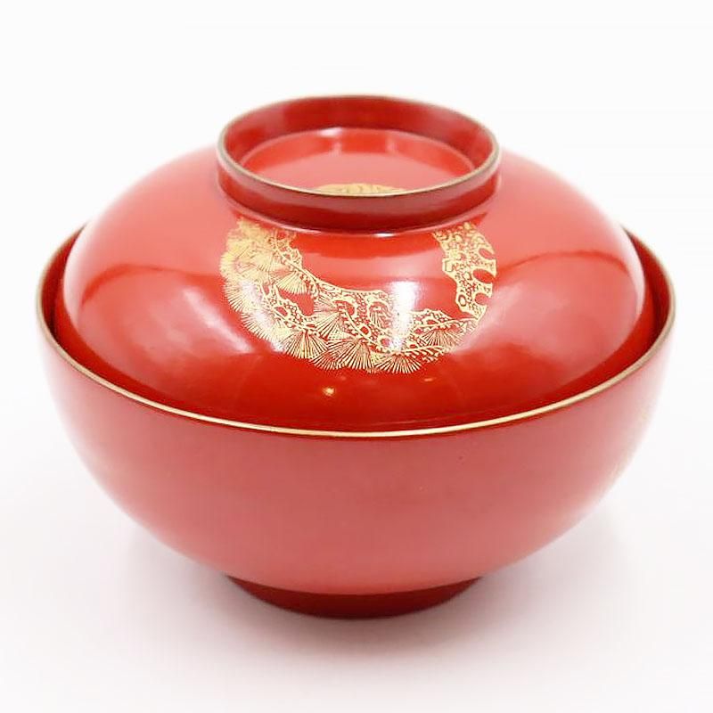漆器 蓋椀 朱塗り 沈金入り 大正昭和初期 直径11.5cm