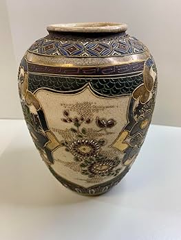 Amazon.co.jp: 古薩摩 薩摩焼 丸十字紋 金襴手 武者図 花瓶 飾り壺