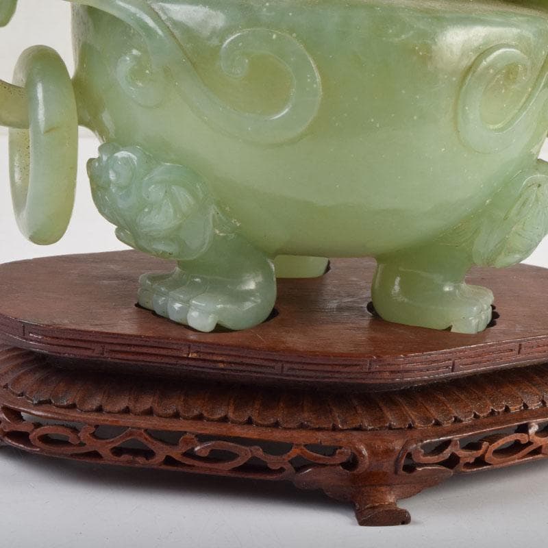 中国 玉石彫刻 雙耳活環 龍鈕蓋爐 香炉 唐木台付 C 9149 - メルカリ