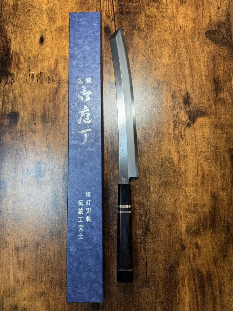 【堺打刃物】祥太郎作　刺身 切付 包丁　尺　銀三鋼　鬼反り黒檀銀巻八角水牛柄 堺打刃物】祥太郎作刺身 切付 包丁尺銀三鋼鬼反り黒檀銀巻八角水牛柄